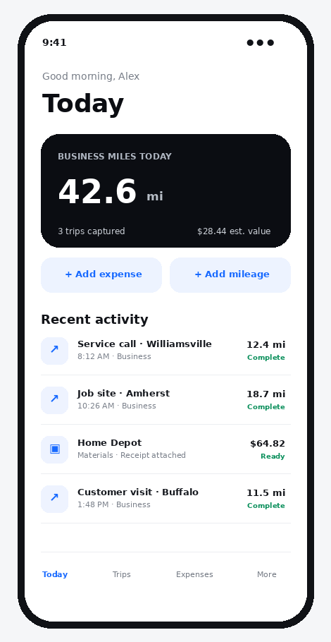 Concept mobile screen showing today's mileage, trips and expense capture